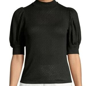 Free People Good Luck Mock Neck Top Short Puff Sleeve Black Sz S